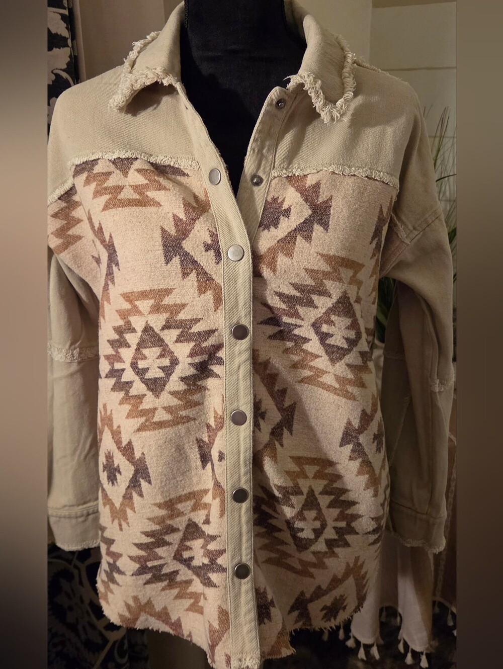 Tan Aztec Southwest Woven Jacquard Twill Shacket Frayed Heavy Jacket S Mystree